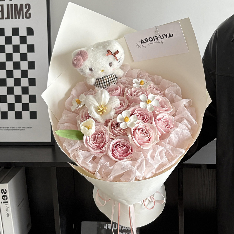 永生花玫瑰花束蝴蝶结Kitty仿真香皂花高级感送女友闺蜜生日礼物|undefined