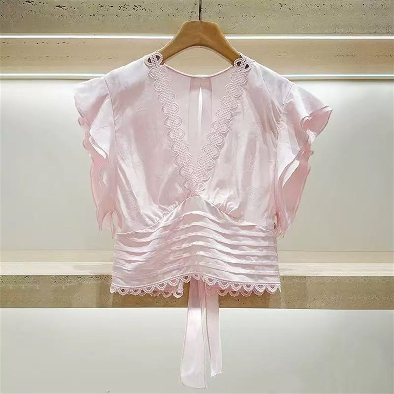 French-Style Niche 26 Summer Vacation Style Age-Reducing Pink Jacquard Hollow-Out Pattern Backless Tie-Up Shirt