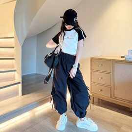 女童夏季运动长裤套装时尚韩版网红短袖T恤休闲工装裤气质两件套