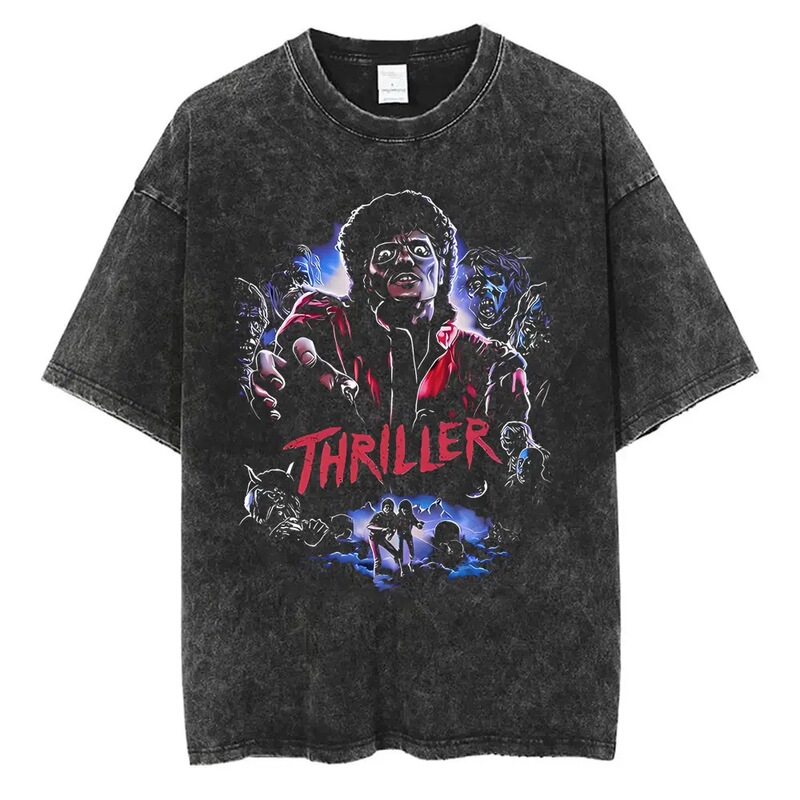 Washed Vintage Michael Jackson Thriller Graphic T-Shirt for Men and Women, Fashionable Retro Gothic Short-Sleeve T-Shirt for Men Washed Vintage Michael Jackson Thriller Graphic T-Shirt for Men and Women, Fashionable Retro Gothic Short-Sleeve T-Shirt for Men