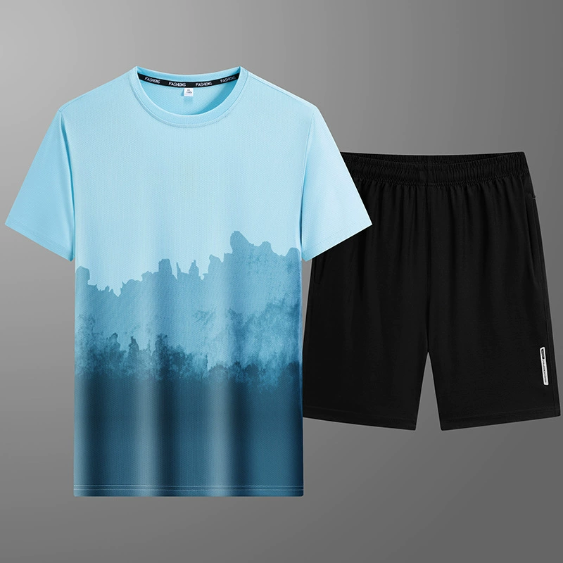 Толстовка с короткими рукавами, шорты, костюм из ледяного шелка, мужская футболка из двух предметов для летних каникул, красивый комплект повседневного спорта.