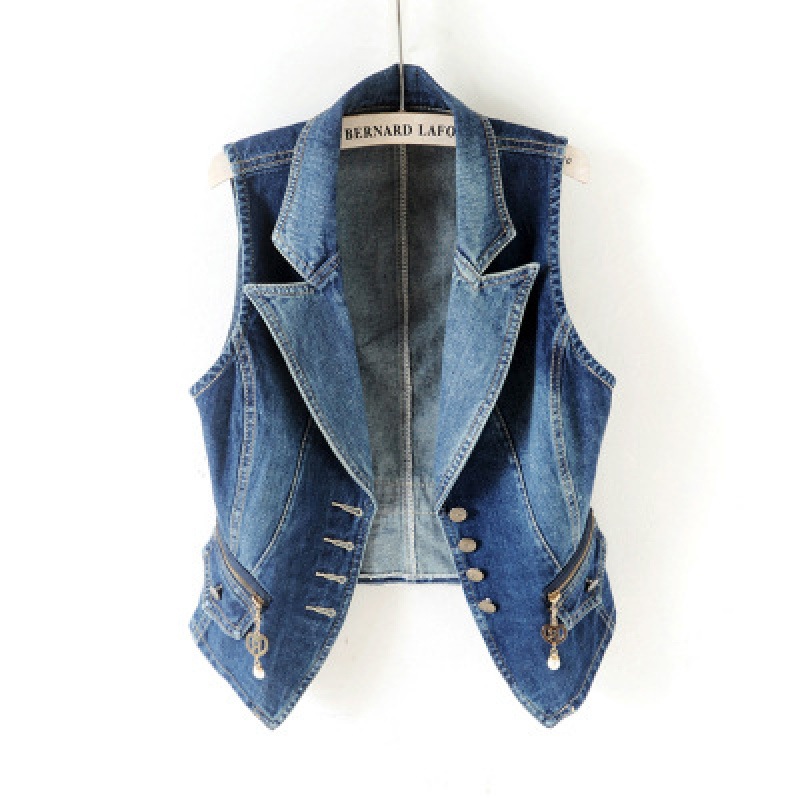 2023 summer new suit collar sleeveless Denim vest women's short vest vest clip motorcycle shoulder all-match top
