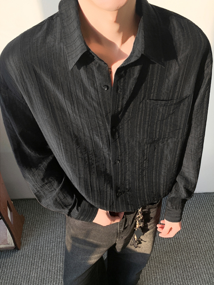 Retro Textured Men's Shirt With Collar And Long Sleeves Solid_voghion.com