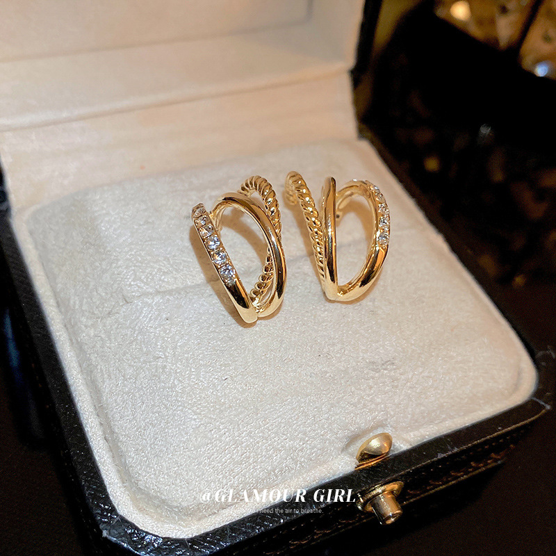 Oro electrochapado aguja de plata Zircon de múltiples capas pendientes en forma de C nicho francés pendientes de todo fósforo de moda elegante luz pendientes de lujo