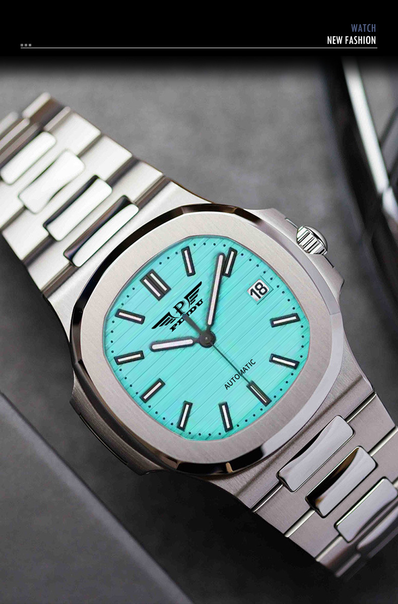 Đồng hồ nam mặt vuông cỡ lớn phong cách doanh nhân — 6501 Tiffany không khoan, 6501 đai thép mặt xanh không khoan chi tiết 9