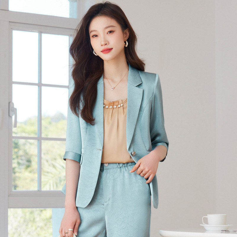 9766 Hot-Selling Recommendation: Blue Professional Suit with Elastic Pants, Formal Women's Clothing, Mid-Sleeve Blazer, Air-Conditioned Suit