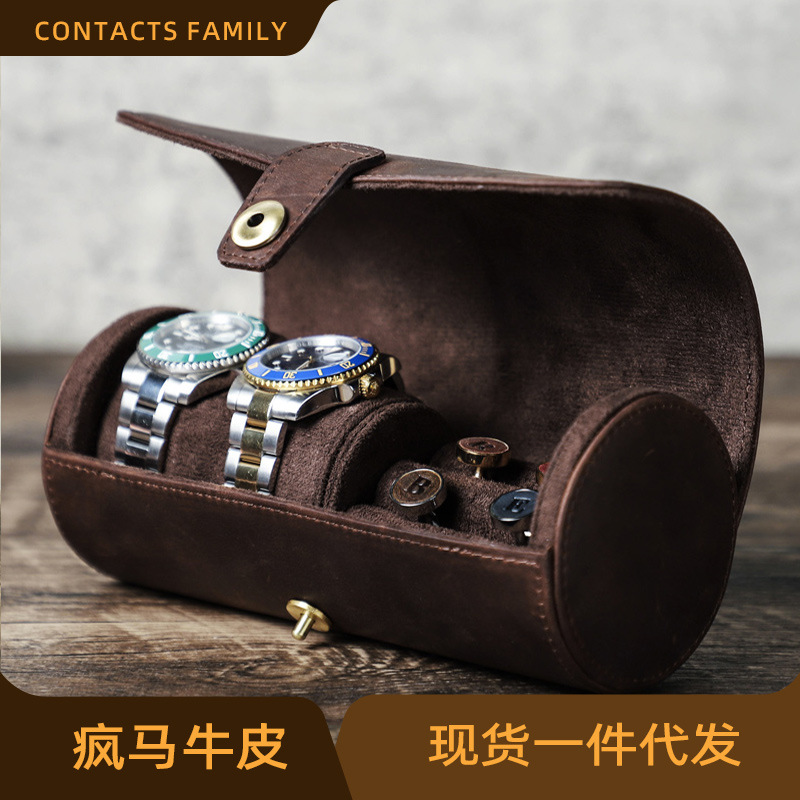 Contacts Family Retro Crazy Horse Leather Watch Case Travel Portable Jewelry Watch Storage Box