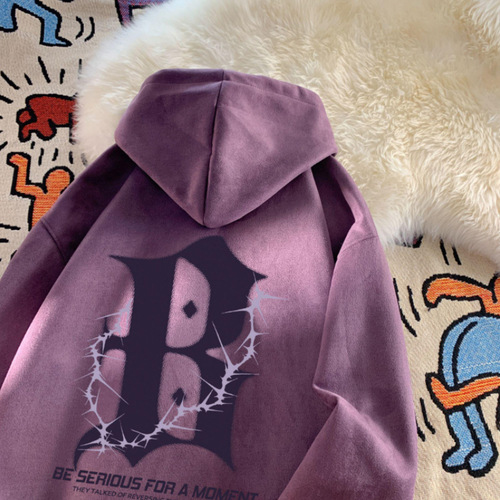 High-end versatile fashion brand trendy square shoulder winter letter suede long sleeve men's casual hoodie couple top for men