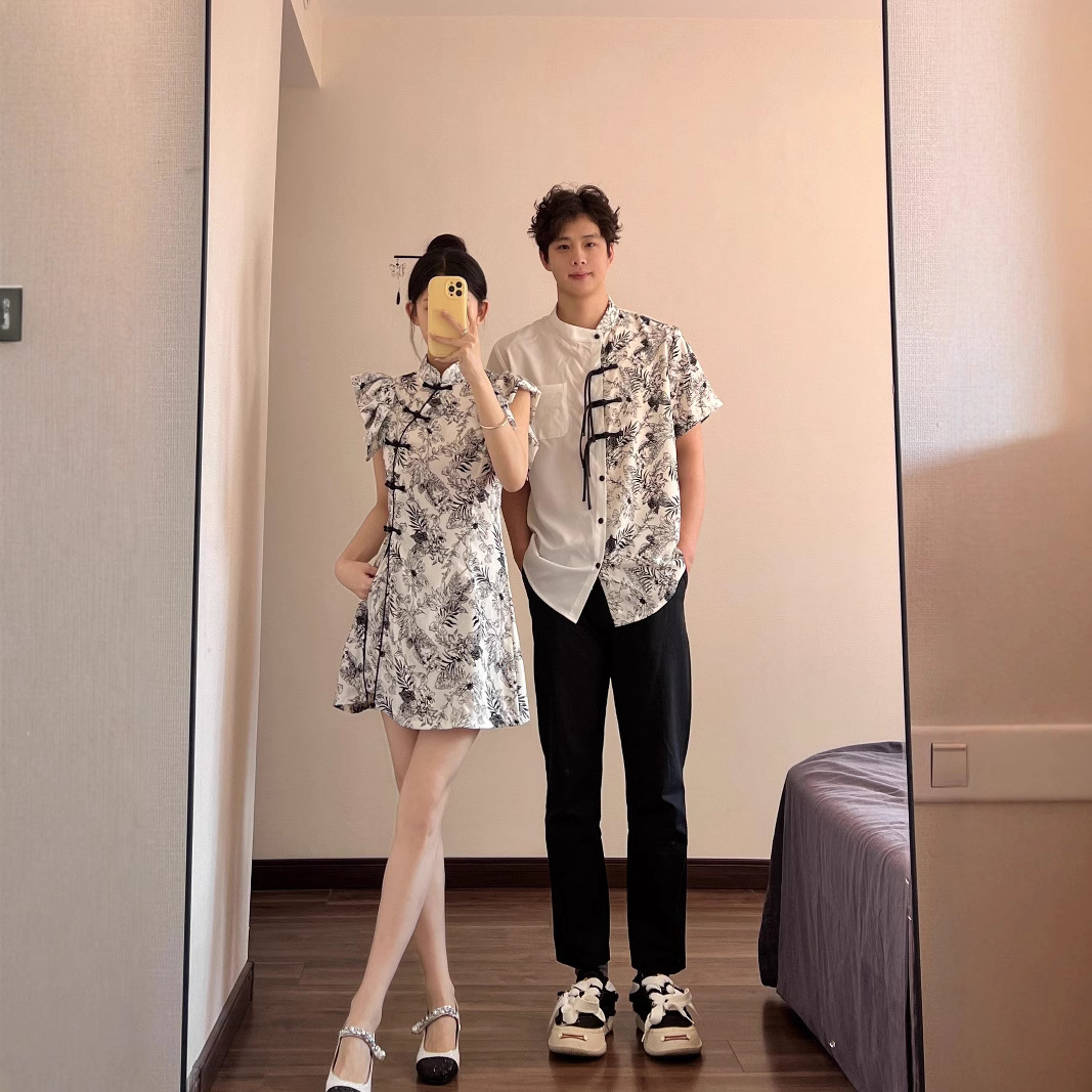 하이 엔드 여름 국가 패션 개선 된 청삼 세트 여성의 새로운 중국 잉크 국가 스타일 버클 탑 반바지 투피스 세트