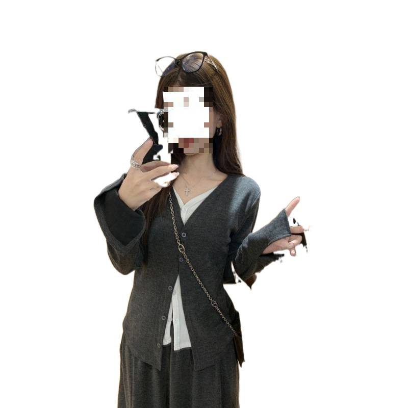 假两件撞色拼接V领长袖针织衫显瘦高腰长裙半身裙女早秋休闲套装|undefined