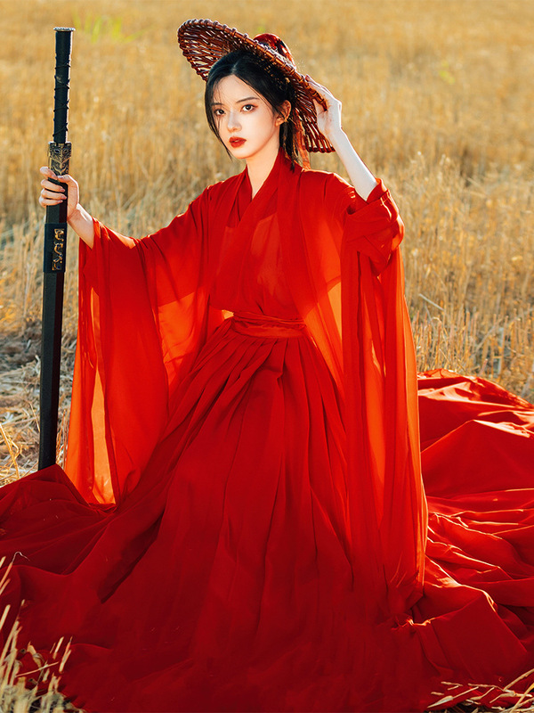 Han Yukui Original Hanfu Women's Red Martial Arts Costume Wei Jin Style Wide Sleeve Flow Fairy Skirt Fairy Style Handover Collar Improved Dress