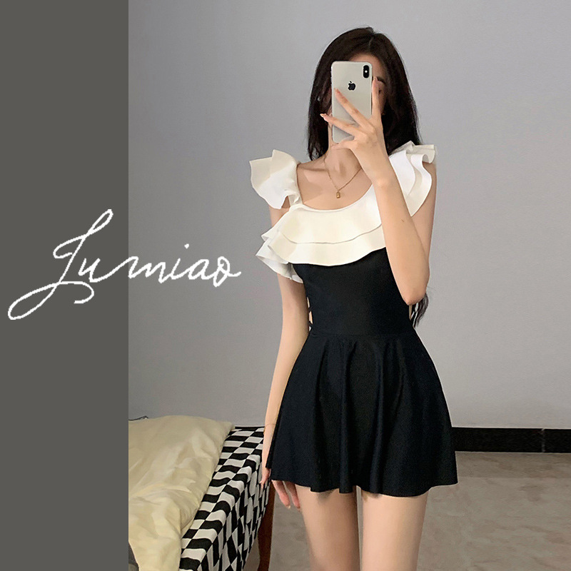 New One-Piece Swimsuit for Women, Belly-Covering, Slimming Look, Hot Spring Swimsuit, Fashionable Skirt-Style Pure Lust Swimsuit, Water Tone 662