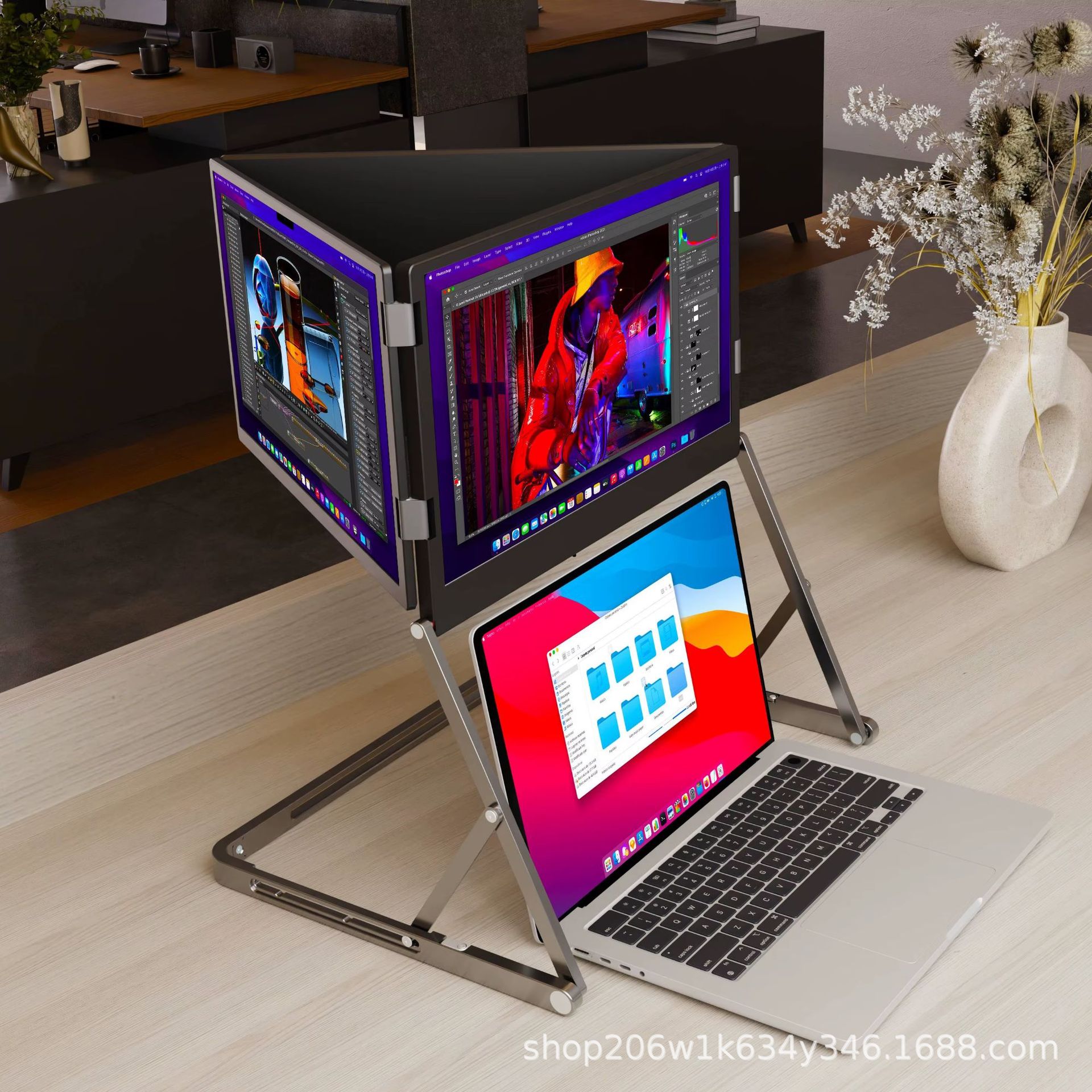 Portable One-Line Connection 1080P Triple-Screen Convenient Laptop Expansion Monitor USB for Stock Trading