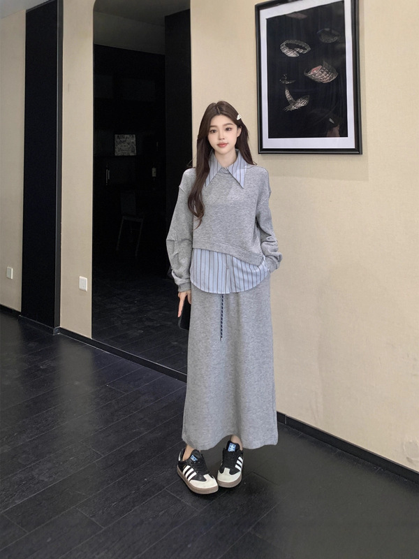 大码秋冬装灰色卫衣女2025新款穿搭一整套a字半身裙两件套装|undefined