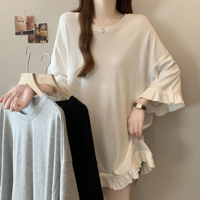 2026 Spring/Summer New Loose Fit Three-Quarter Sleeve Maternity T-Shirt Top for Women, Mid-Length with Ruffled Hem