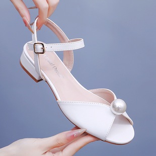 2cm Square Heel Peeple Sandals Shallow Mouth Horseshoe Buckle Sandals Ivory White Beaded Bridal Wedding Sandals