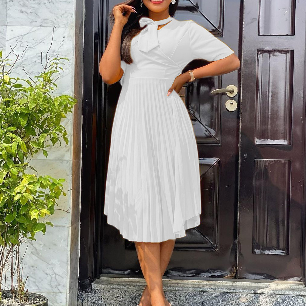 V-neck tie solid color waist short sleeve pleated dress NSATL129947