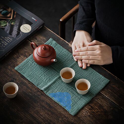 Embroidered Cotton & Linen Tea Towel with Japanese Fabric Craft, Thick Absorbent Tea Cloth, Zen-style Gourmet Tea Set Towel, Cleaning Cloth Gift Box