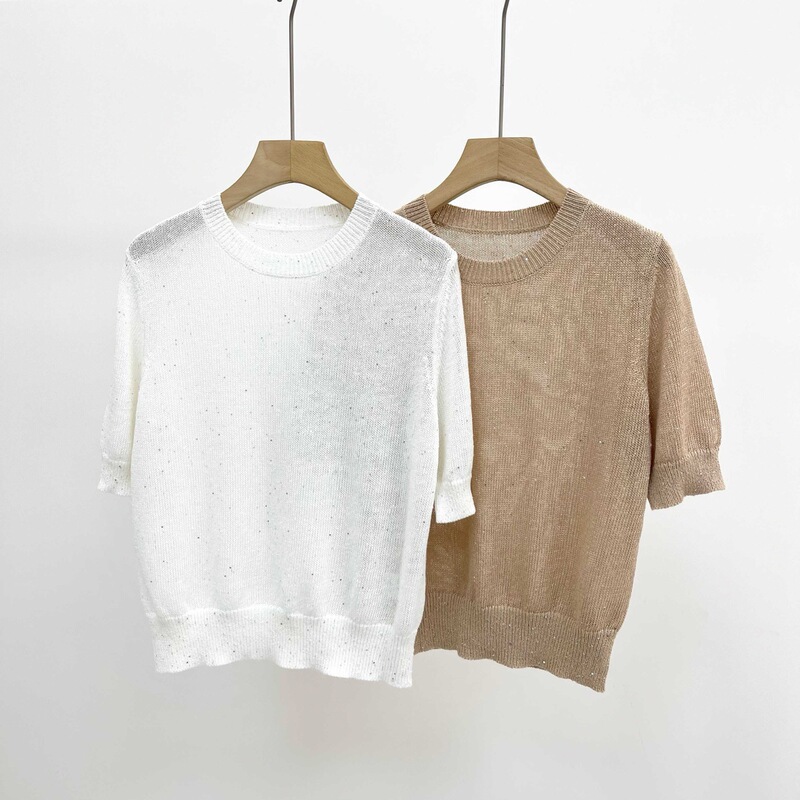 2026 Spring and Summer New Style Round Neck Knitwear Women's Short-Sleeved Loose Linen Sequin Pullover T-Shirt Top 2026 Spring and Summer New Style Round Neck Knitwear Women's Short-Sleeved Loose Linen Sequin Pullover T-Shirt Top