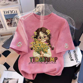 女童渐变仿绣印花短袖t恤夏季儿童上衣中大童韩版女孩百搭童装潮T