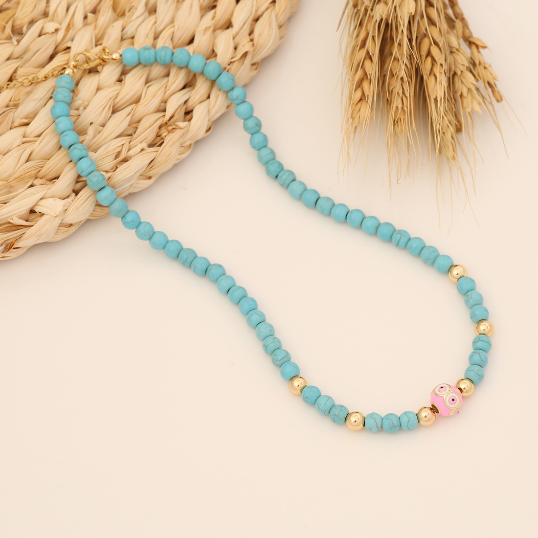 Bohemian Heart Shape Stainless Steel Copper Beaded Artificial Crystal Turquoise Shell Necklace