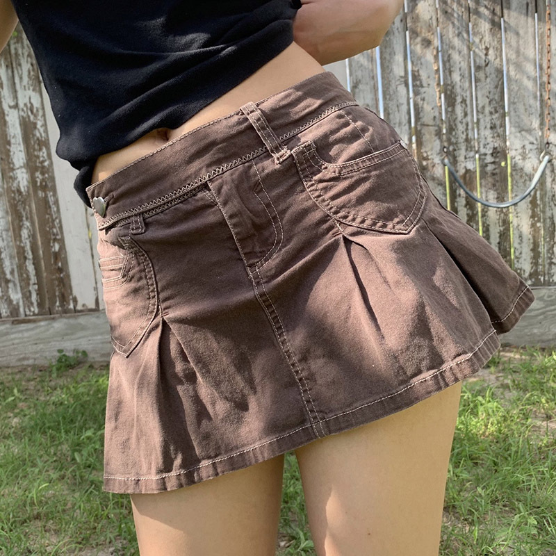 retro brown high waist denim casual pleated skirt NSSSN120077