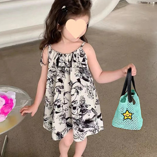 Girls Skirt Summer 2025 New Style Kidsren's Suspender Skirt Baby New Chinese Style Ink Painting Skirt Princess