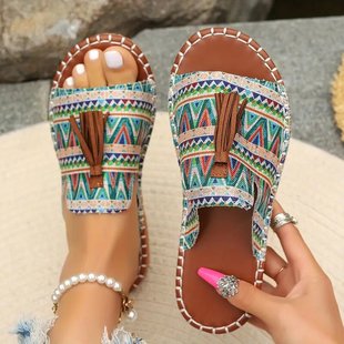 Spot Cross-Border Bohemian Flats Slippers for Women 2025 New European and American Tassel Sandals Temu Hot Style Large Size