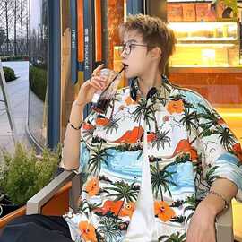 复古百搭男女学生印花短袖衬衫港风vintage夏威夷衬衣情侣沙滩衫