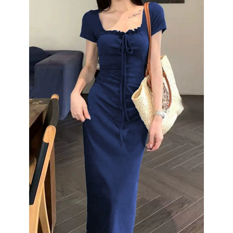 Элегантное платье с короткими рукавами в французском стиле, новинка лета 2025 года, облегающее длинное платье-русалка
