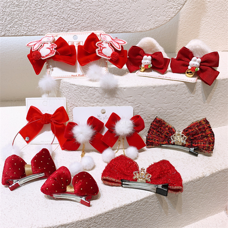 Children's Chinese-style New Year headgear, baby's butterfly knot tassel hair clip for girls, celebrating the New Year with rabbit fur ball hairpin