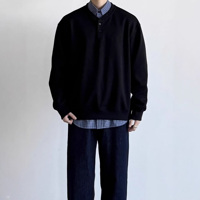 Siiiend American Retro Henry Collar Long-Sleeved T-Shirt for Men in Autum Waffle Style Loose and Versatile Casual Base Layer Top