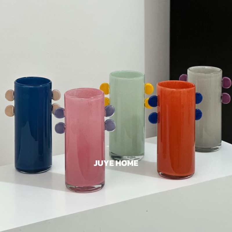 高颜值中古多巴胺玻璃花瓶 双耳彩色花器 水培高品质装饰摆件批发
