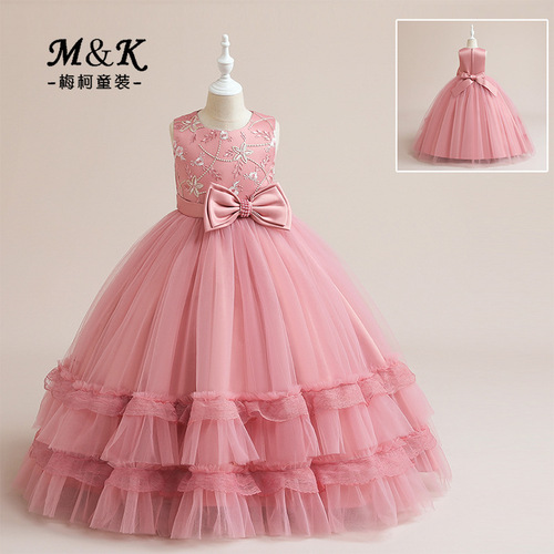 2024 Amazon New Children's Formal Dresses Net Lace Princess Dress Ins Long Cake Dress Children's Clothing Wholesale 