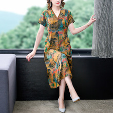 高品质修身重磅真丝香云纱连衣裙夏季新款中年妈妈装大码桑蚕丝裙