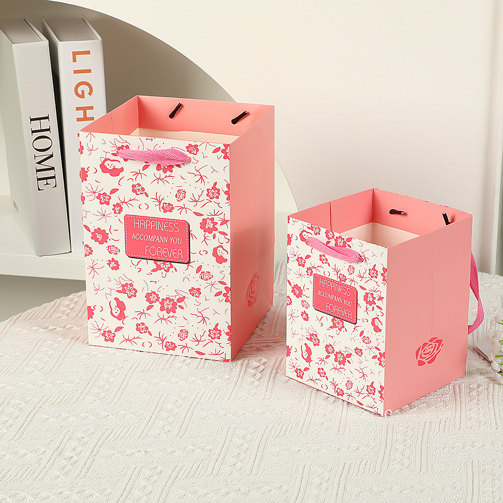 玫瑰手提礼品袋粉色印花手提袋情人节礼品包装袋鲜花手提袋现货