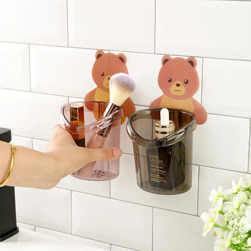 卡通小熊牙刷杯家用儿童透明浴室吸盘无痕壁挂式免打孔置物牙刷架