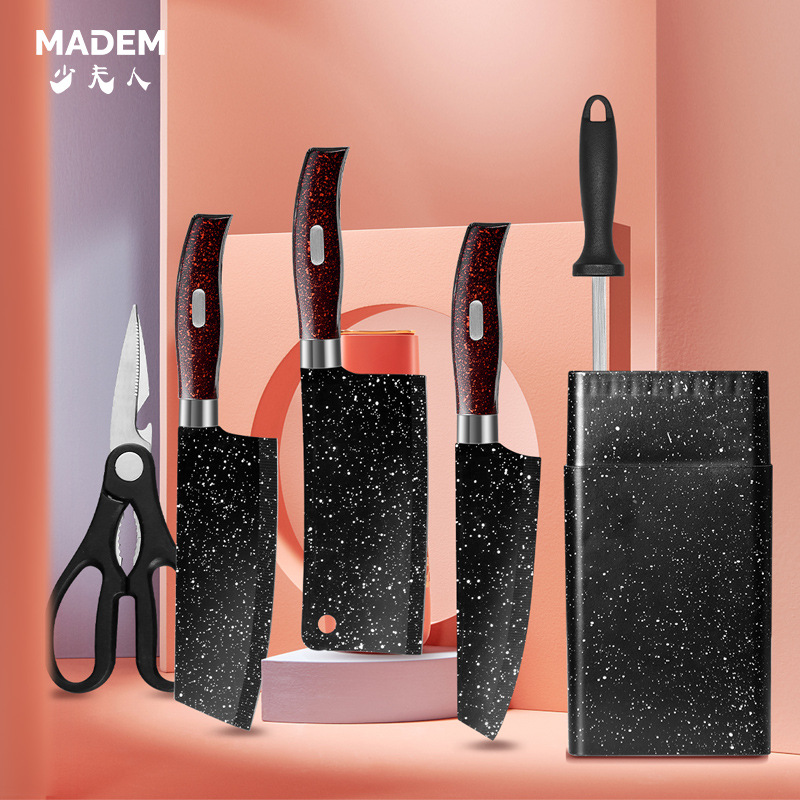 不鏽鋼菜刀 刀具套裝 黑白點筒裝六件套刀 廚房切片刀 專用廚師刀