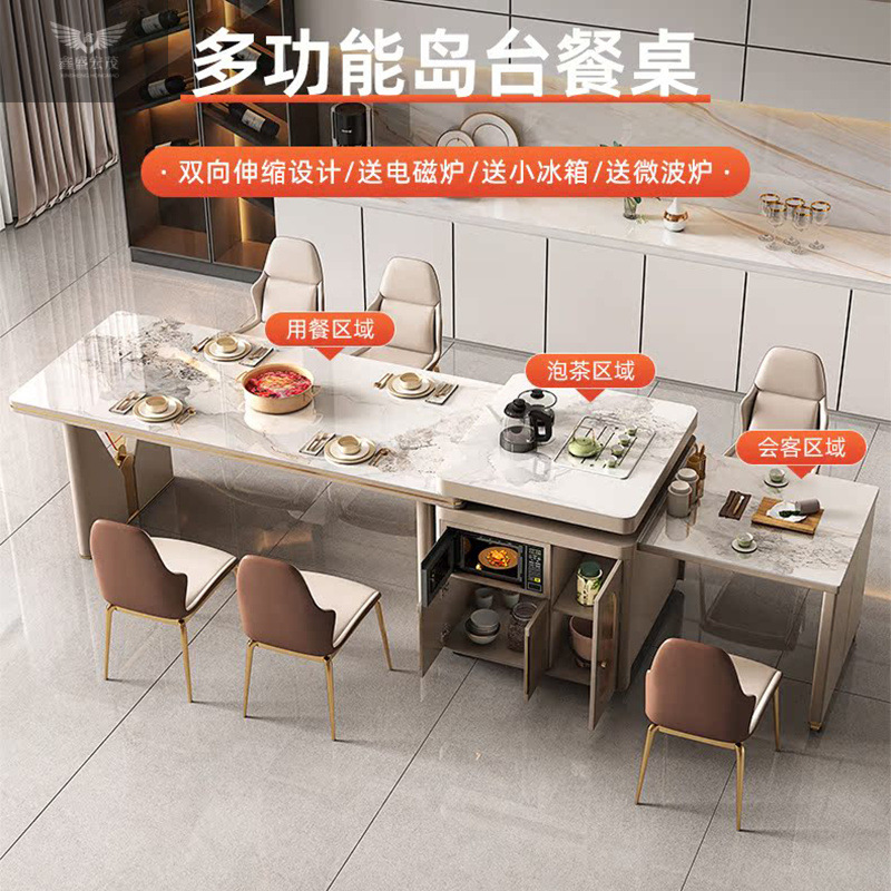 Mesa de comedor moderna de lujo ligera de roca de la isla de la mesa de comedor retráctil doméstica móvil multifuncional horno electromagnético mesa de comedor