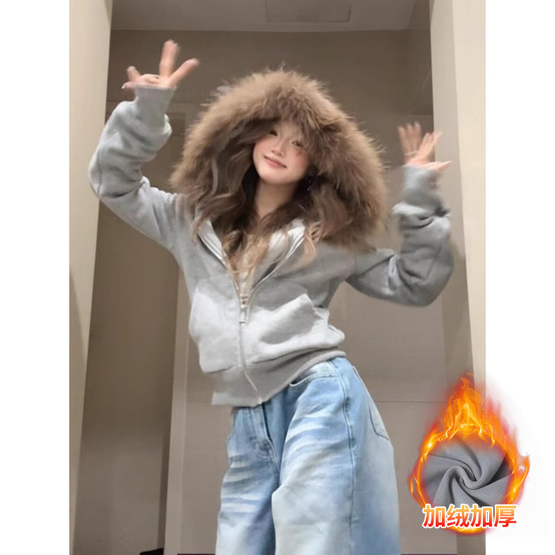 黑色毛领外套宽松连帽卫衣女2025新款秋冬季美式穿搭加绒开衫上衣|undefined