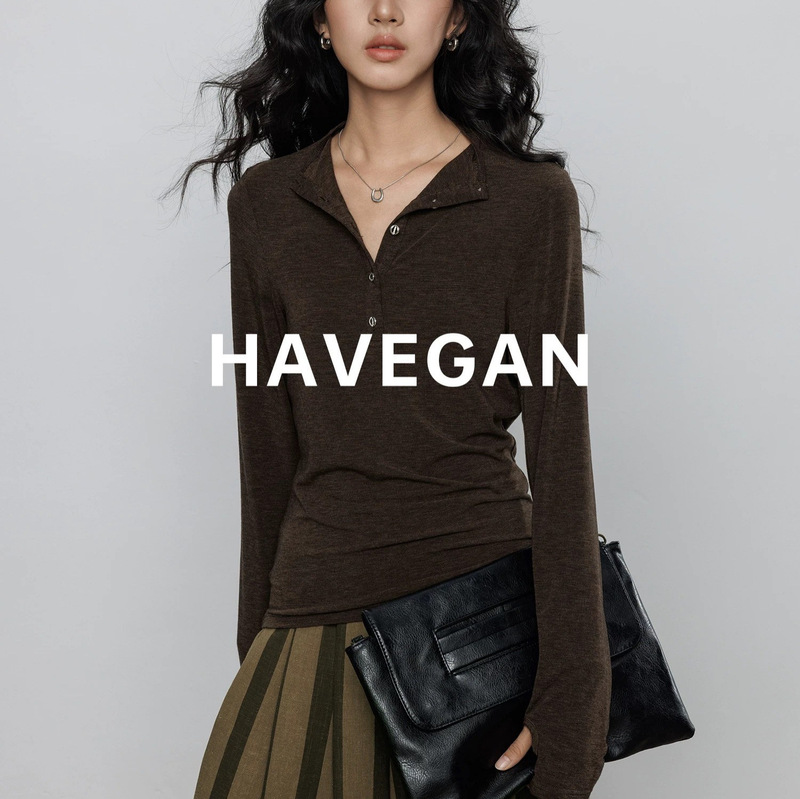 Havegan/Tencel Wool Long-Sleeved Bottoming Shirt for Women 2026 New Style Henry Collar Slim Fit Elastic Top