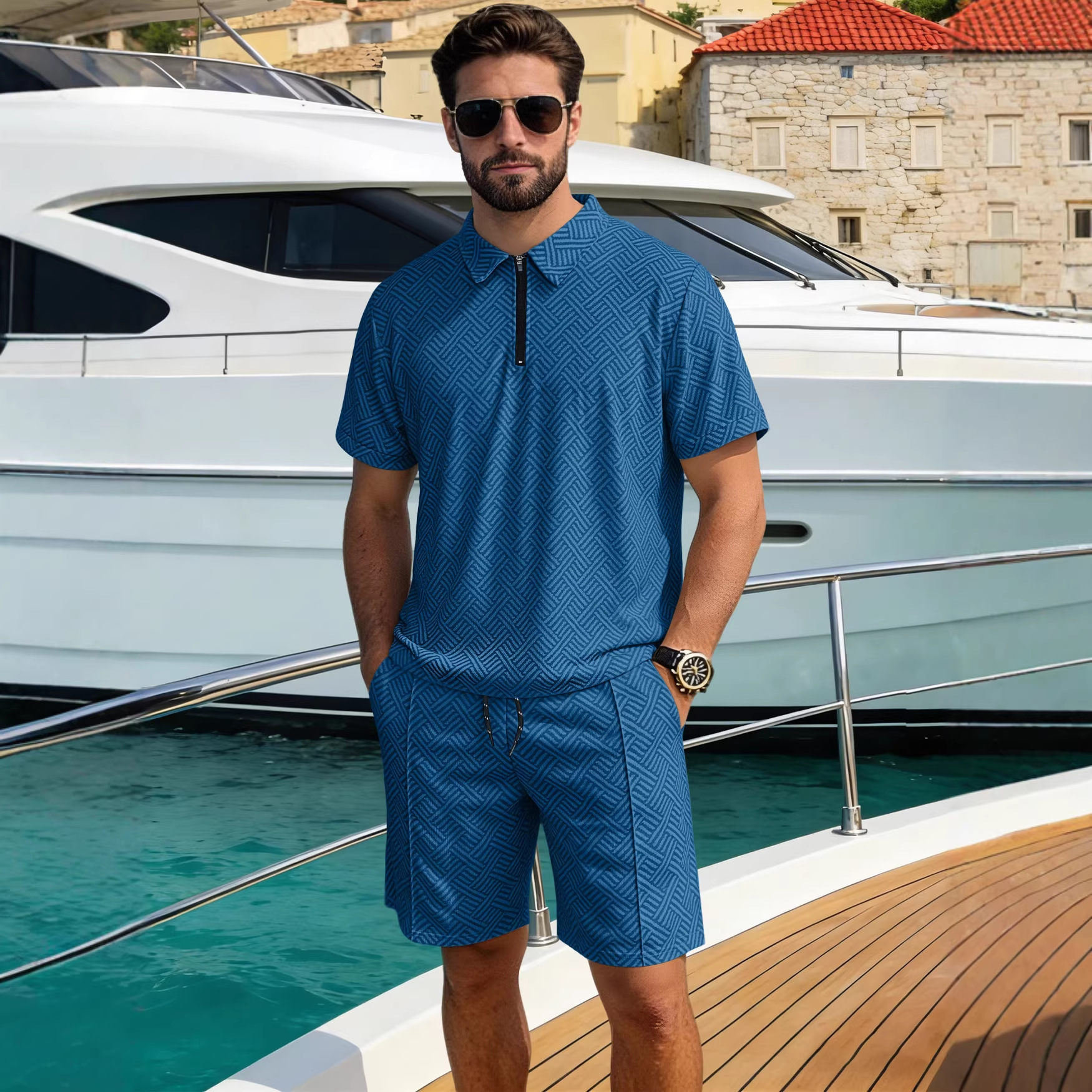 Verano transfronterizo nuevo hombre venta de cremallera manga corta polo vacaciones ocio comercio exterior manga corta set