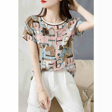 时尚字母印花雪纺T恤女2021夏季新款网红圆领短袖宽松洋气上衣潮