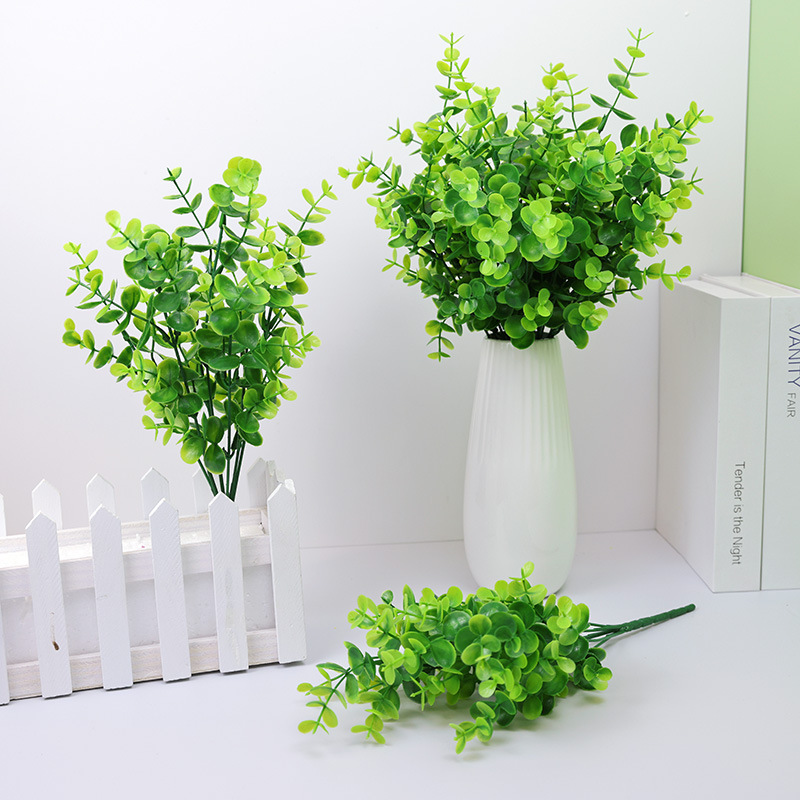 仿真绿植 7叉大尤加利叶花束餐厅花坛插花装饰金钱草塑料假花批发