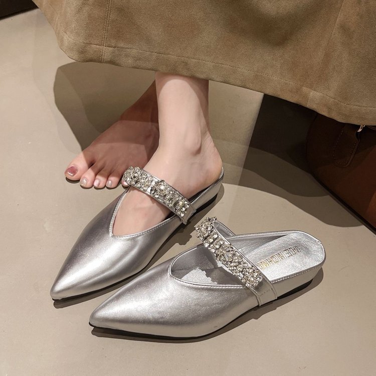 Ruth's Same Style One-Piece Half Slippers with Rhinestones 2025 Spring New Thick-Soled Pointed-Toe Half Slippers Baotou Slippers