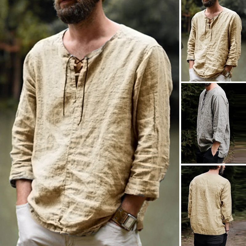 2025 Spring and Autumn European and American Export New Men's Casual Loose Pure Color Drawstring Long-Sleeved Shirt Cotton and Linen Stand-Up Collar Shirt