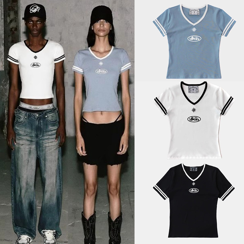 Badblood American Retro V Neck Waist Slim Letter Print T-Shirt Sexy Short Sports Short-Sleeved Top Summer