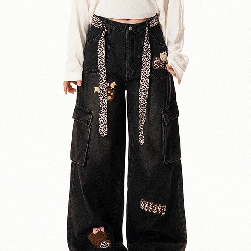 2025 American Retro Niche Sickle Splicing Corridor-Shaped Willow Leaf Scimitar Jeans Men's Loose Structure Wide-Leg Pants