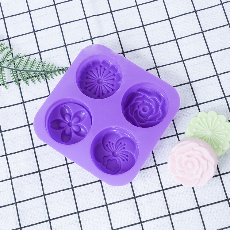 四连圆形花朵肥皂硅胶模具 四连月饼模 花朵手工皂硅胶模具四季花