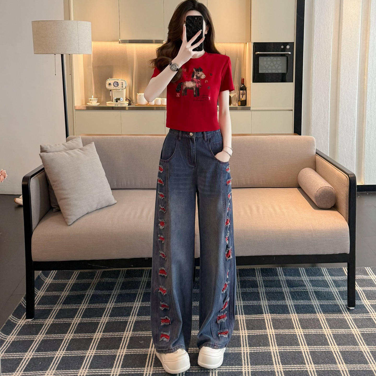 港风潮流时尚套装女2026夏修身显瘦洋气短袖T恤阔腿牛仔裤两件套
